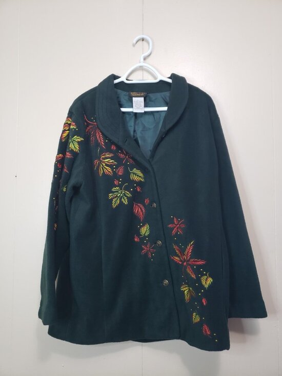Bob Mackie Jackets & Blazers - Bob Mackie Wearable Art Women L Jacket Green Fleece Fall Leaf Embroidery Button